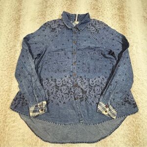 Free People Floral Chambray Button Down Shirt Plaid Trim Size S